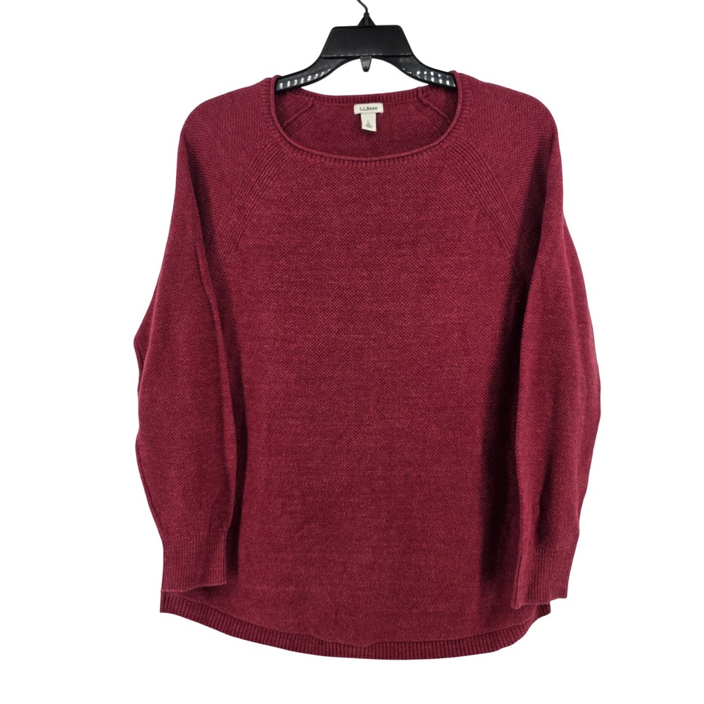 LL Bean Womens Burgundy Cotton Blend Textured Knit Crewneck Sweater Large Casual